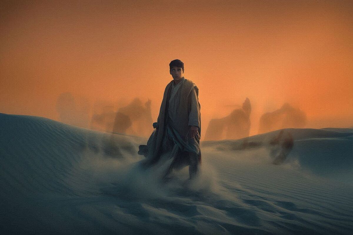 A young man stands alone on a desert dune at twilight, surrounded by swirling sand.