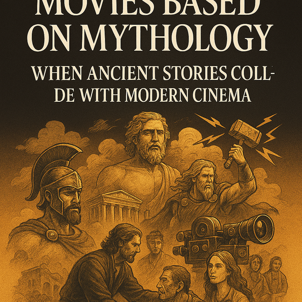 “Epic collage of mythological gods, warriors, and cosmic symbols intertwined with a golden film reel, representing the collision of ancient mythology and contemporary filmmaking.”