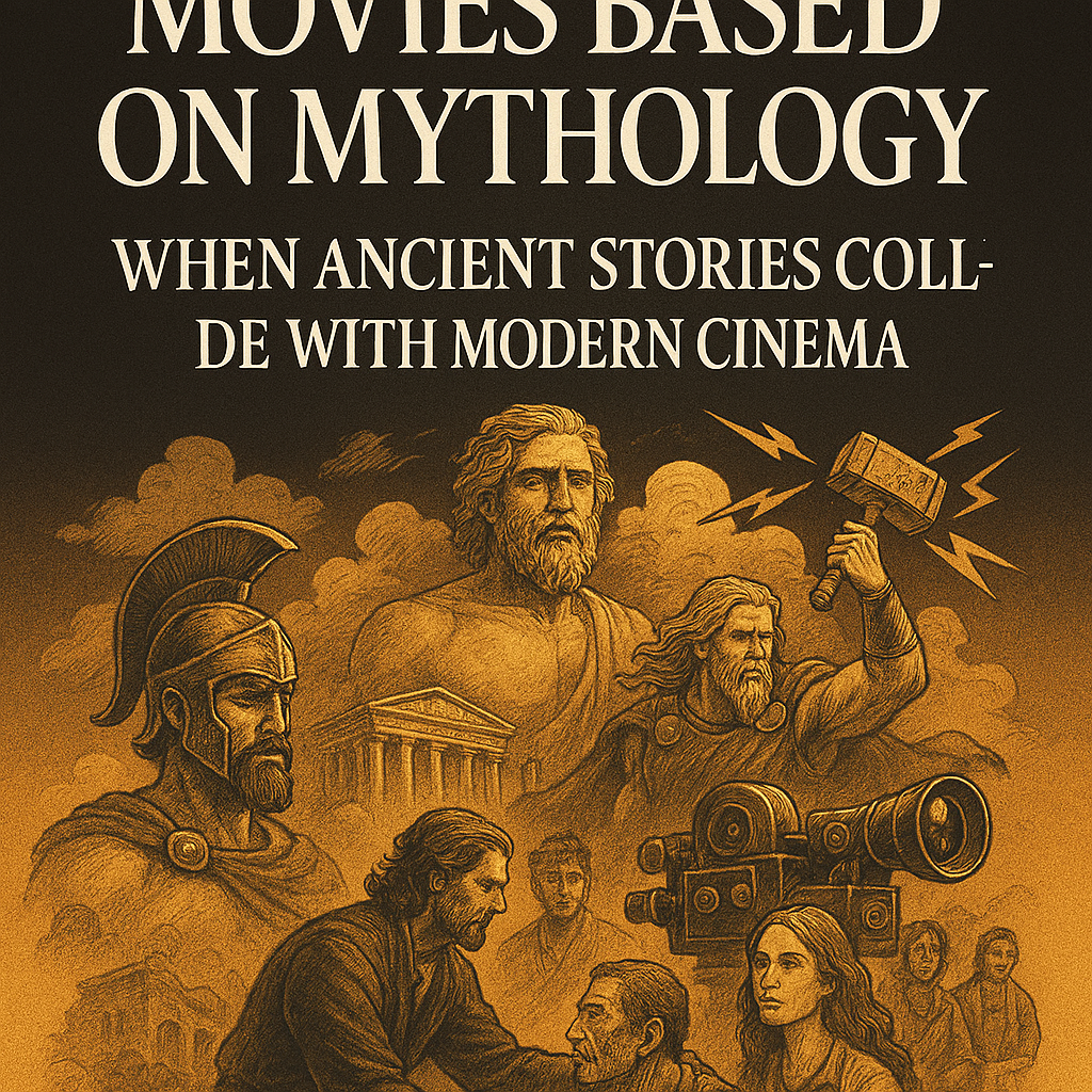 “Epic collage of mythological gods, warriors, and cosmic symbols intertwined with a golden film reel, representing the collision of ancient mythology and contemporary filmmaking.”