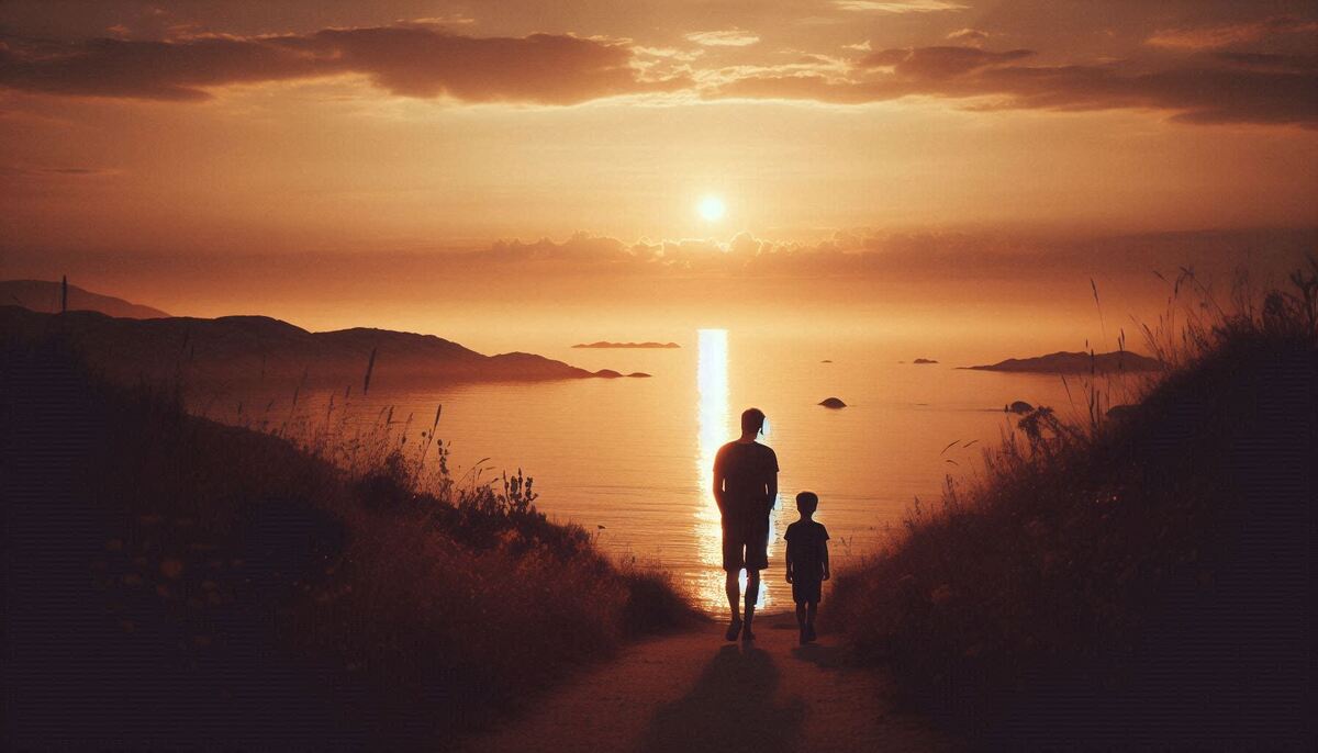 A father and child walk down a grassy path toward a glowing sunset over the ocean, their silhouettes framed by warm golden light reflecting on the water, creating a quiet, emotional moment of connection and reflection.