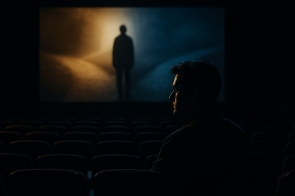 A lone person sits in a dark movie theater, their face half in light and half in shadow, watching a blurred figure at a crossroads on the screen, symbolizing morally gray choices and ambiguous characters.