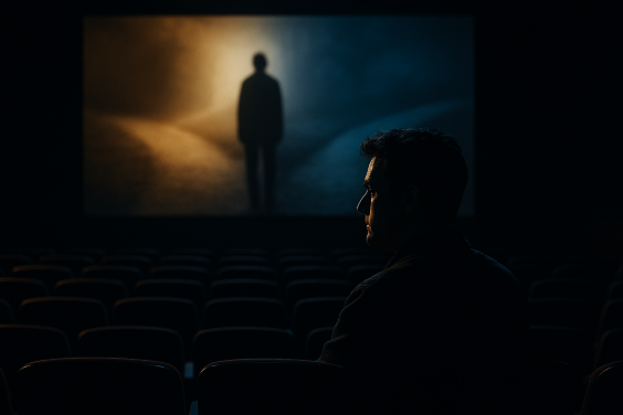 A lone person sits in a dark movie theater, their face half in light and half in shadow, watching a blurred figure at a crossroads on the screen, symbolizing morally gray choices and ambiguous characters.