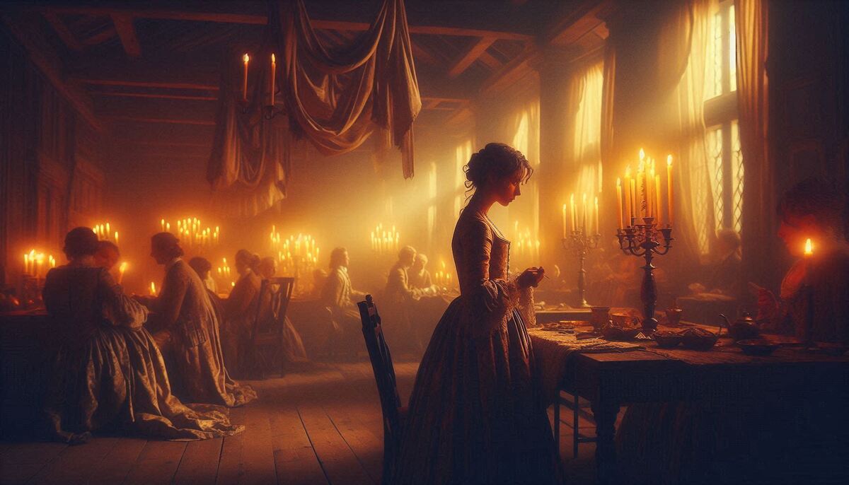 A dimly lit 18th‑century banquet hall filled with people in period clothing, illuminated by warm candlelight, with draped fabric overhead and wooden interiors creating a painterly, atmospheric mood.