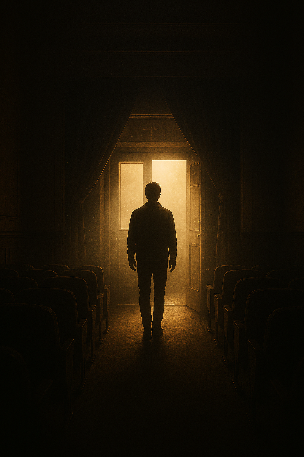 Silhouetted figure stands in the doorway of a dark theater, bathed in golden light streaming from outside, symbolizing emotional transformation and cinematic renewal.