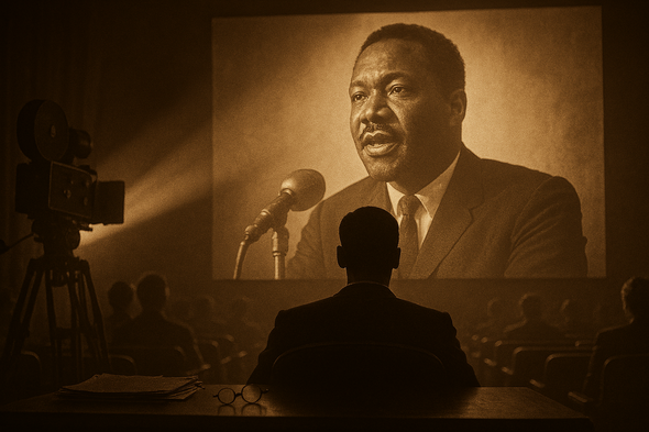 “Silhouette of a viewer watching a projected image of a historical figure in a warm, sepia‑toned theater, symbolizing how true stories become cinematic