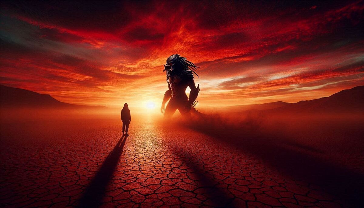 “Silhouetted Predator figure emerging behind a lone survivor in the New Mexico desert at dusk, heat‑shimmer rising across the Badlands.”