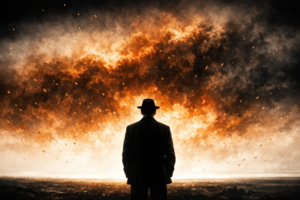 A solitary figure stands before a white, burning horizon as abstract nuclear fire rises behind him