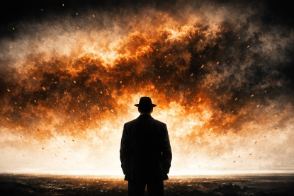A solitary figure stands before a white, burning horizon as abstract nuclear fire rises behind him