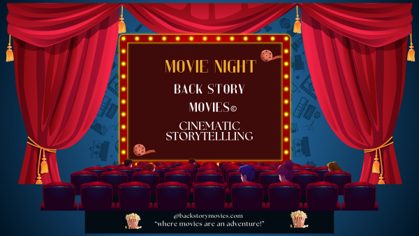A colorful illustrated movie theater with red curtains, glowing marquee lights, and animated audience members seated in red chairs, facing a large screen displaying “Movie Night — Back Story Movies — Cinematic Storytelling.” Film icons like cameras, reels, and clapperboards float in the background.