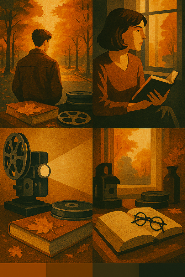 A minimalist autumn vignette featuring stacked film theory books, a notebook with a pen, and warm window light filtering through orange foliage. The scene is rendered in soft, cinematic tones with subtle textures, evoking quiet scholarship and seasonal reflection.