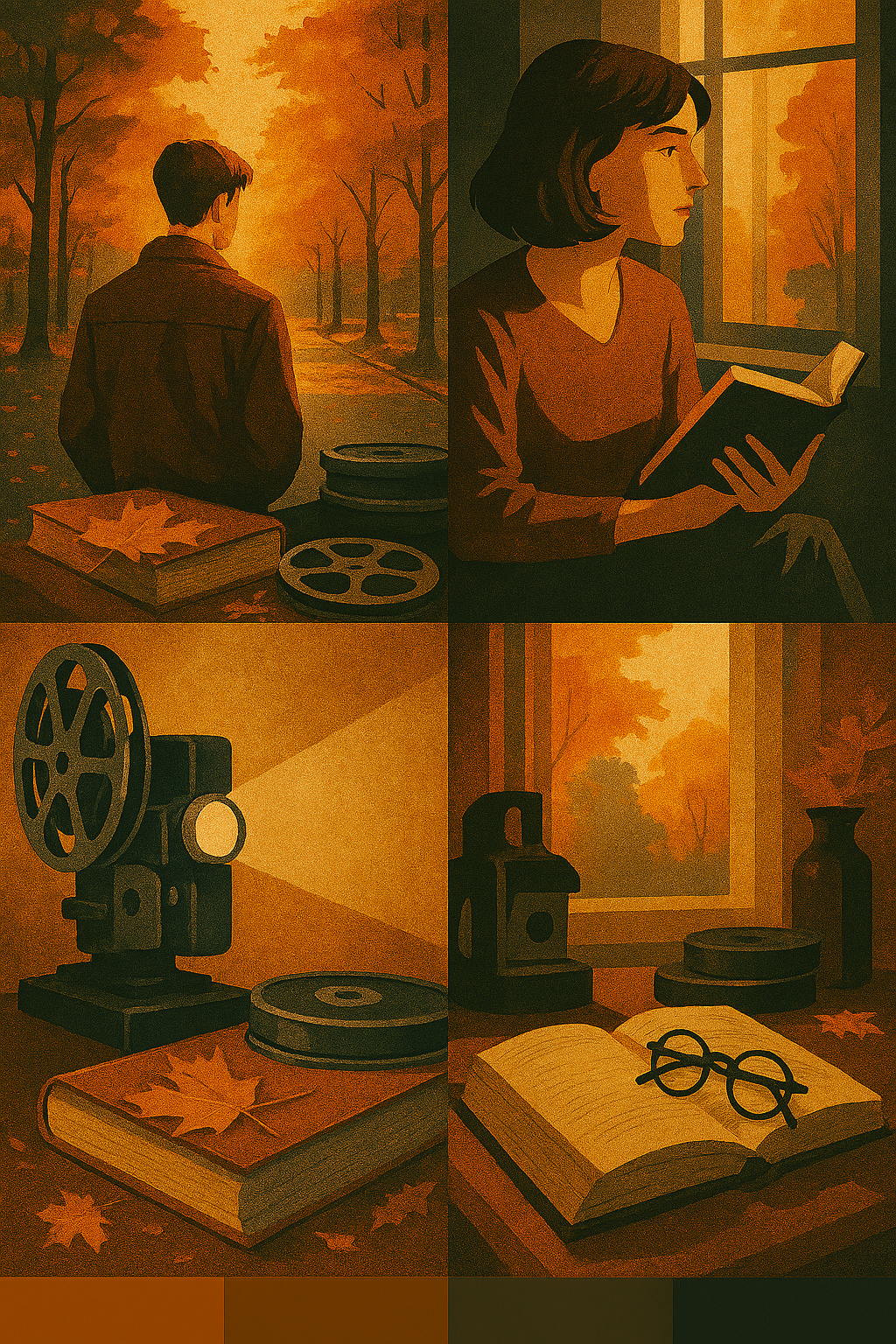 A minimalist autumn vignette featuring stacked film theory books, a notebook with a pen, and warm window light filtering through orange foliage. The scene is rendered in soft, cinematic tones with subtle textures, evoking quiet scholarship and seasonal reflection.