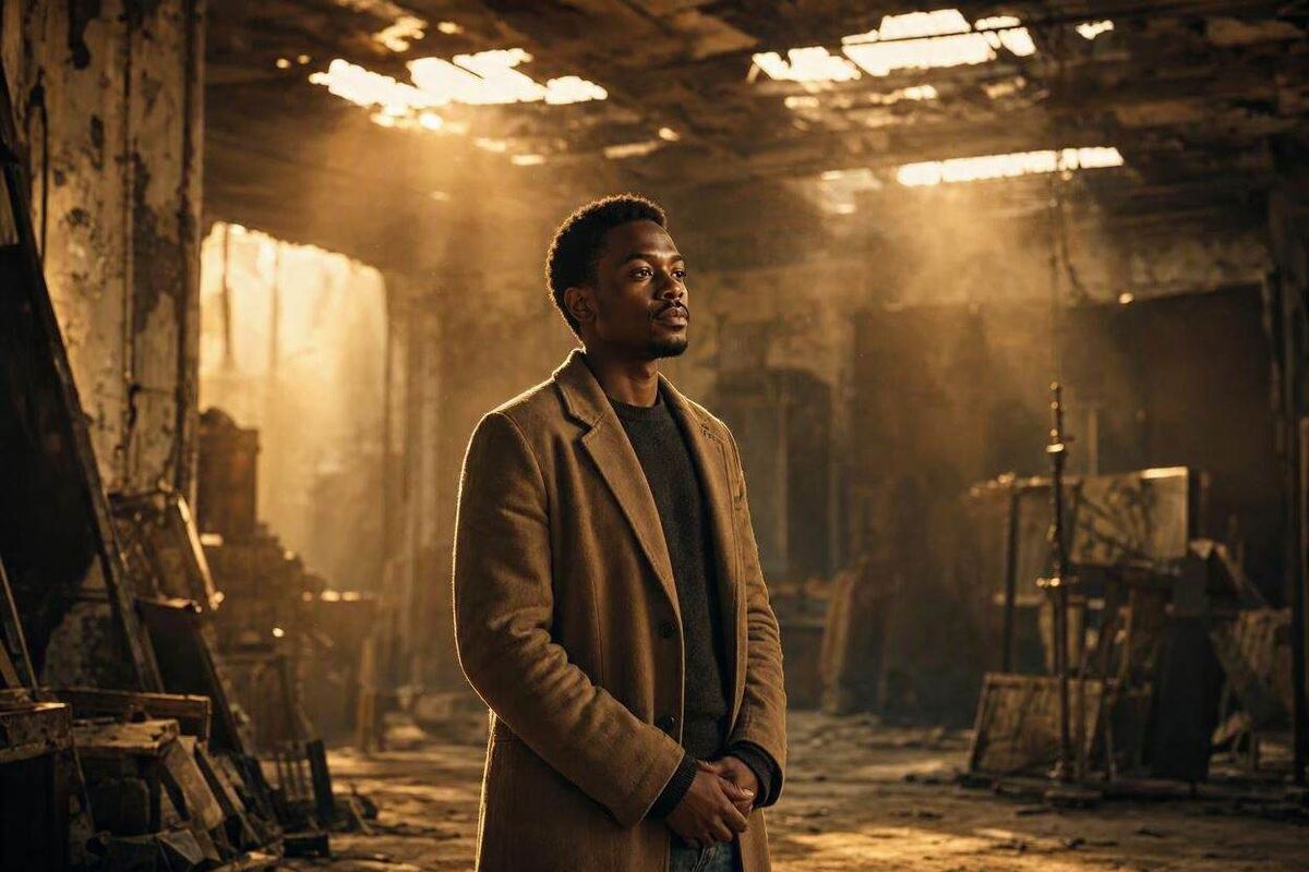 A person is standing in a dim, broken film set with golden light shining through.
