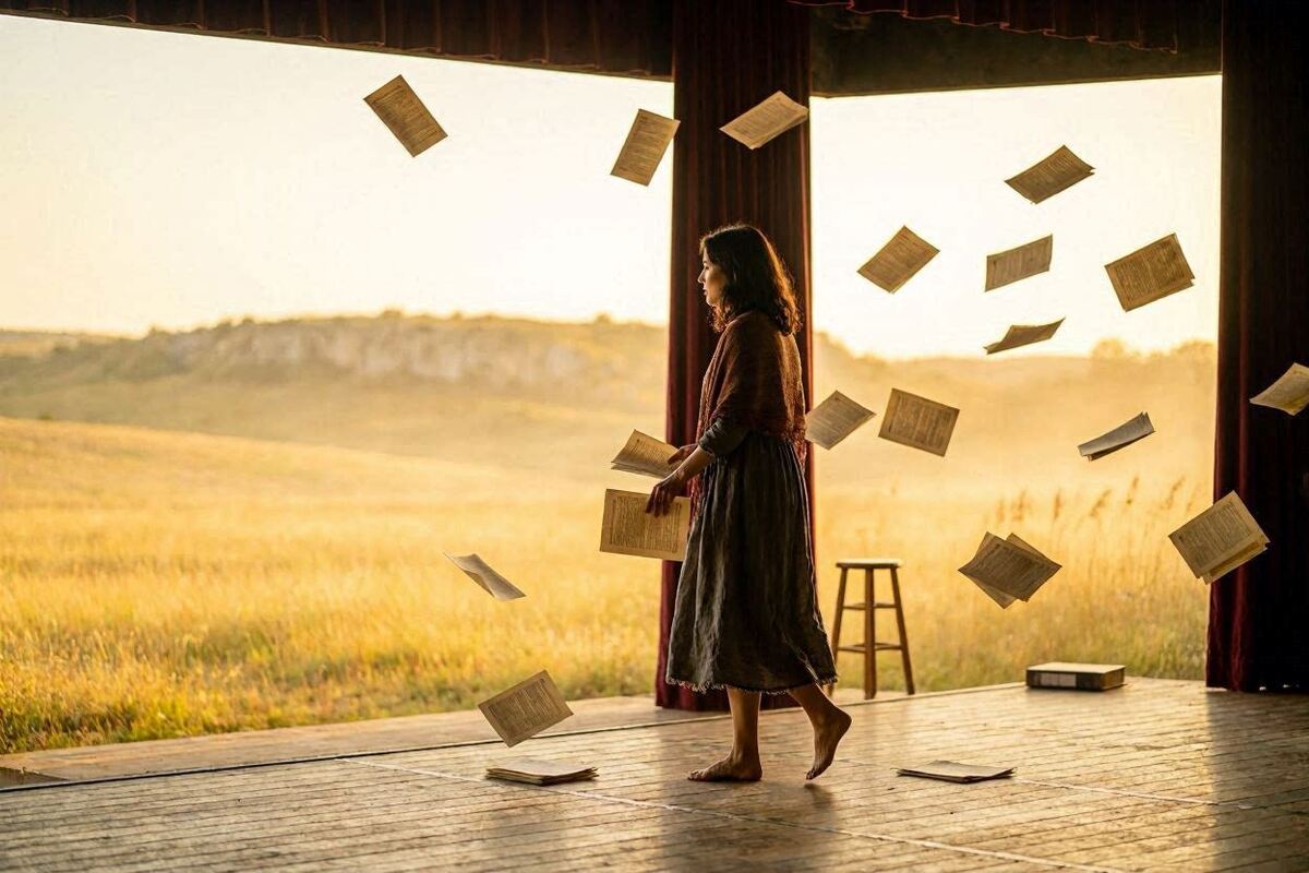 A woman stands on a dimly lit stage as old script pages fall from her hands, stepping forward into soft golden light that symbolizes liberation and identity rebirth.