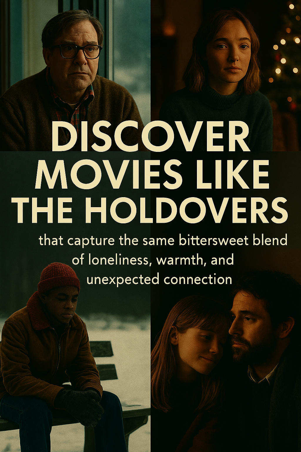 Collage-style image featuring four emotionally introspective characters in warm, wintery settings. Each quadrant evokes themes of loneliness, warmth, and unexpected connection, with vintage 1970s lighting and muted tones. Centered text reads: “Discover movies like The Holdovers that capture the same bittersweet blend of loneliness, warmth, and unexpected connection.”