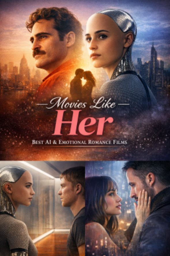 A collage of scenes from films similar to “Her,” featuring a contemplative man, a humanoid robot woman with a metallic head, a futuristic corridor encounter, and a couple touching hands, highlighting themes of AI, intimacy, and emotional connection.