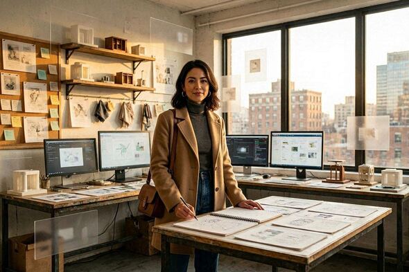 A woman stands in a creative studio overlooking a city, symbolizing identity‑aligned entrepreneurship.