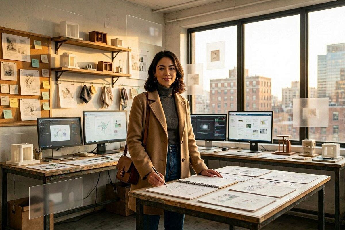 A woman stands in a creative studio overlooking a city, symbolizing identity‑aligned entrepreneurship.
