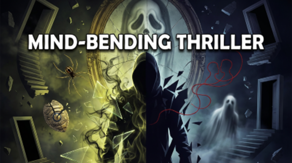 A surreal, split‑tone psychological thriller poster featuring a hooded figure standing before a cracked ornate mirror. The left side glows in eerie yellow‑green with a spider, circuitry‑brain motif, floating staircases, and shattered glass. The right side is blue‑toned with a ghostly figure, red string forming two faces, floating doors, and fragmented structures. The composition evokes duality, paranoia, and psychological tension.