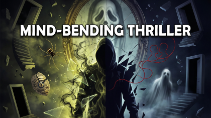 A surreal, split‑tone psychological thriller poster featuring a hooded figure standing before a cracked ornate mirror. The left side glows in eerie yellow‑green with a spider, circuitry‑brain motif, floating staircases, and shattered glass. The right side is blue‑toned with a ghostly figure, red string forming two faces, floating doors, and fragmented structures. The composition evokes duality, paranoia, and psychological tension.