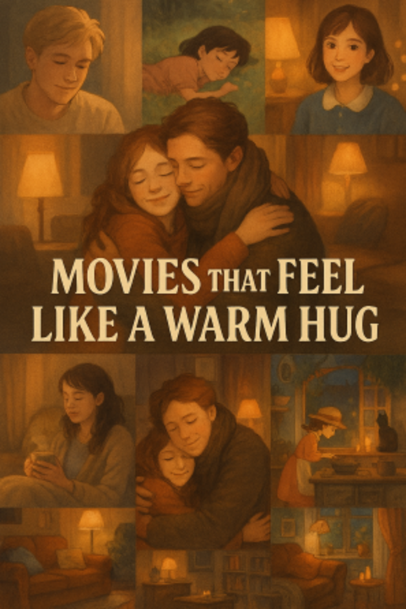 “Cozy cinematic collage featuring warm lighting, soft textures, and iconic comfort‑film moments that evoke the feeling of a warm emotional embrace.”