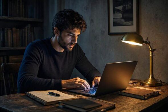 Creator working alone in a dim room, surrounded by notebooks and soft cinematic lighting.