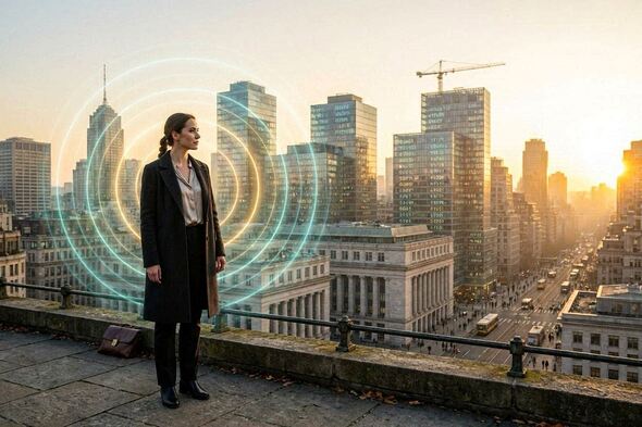 A woman stands at sunrise overlooking a transforming cityscape, symbolizing identity expansion and financial sovereignty.