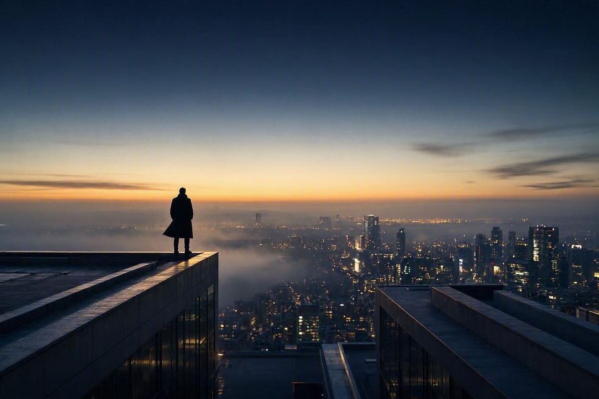 A silhouetted figure stands on a modern rooftop at dusk, overlooking a glowing city of deep navy and gold lights. The scene feels introspective and sovereign, symbolizing identity reinvention and emergence.