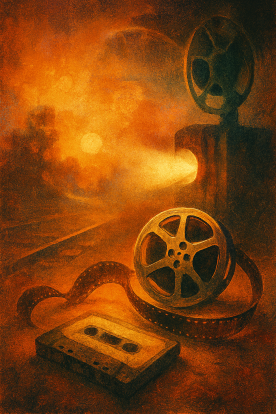 Stylized artistic collage of analog media — a film reel, cassette tape, and vintage projector glowing against a warm, hazy sunset backdrop, evoking cinematic nostalgia and memory.