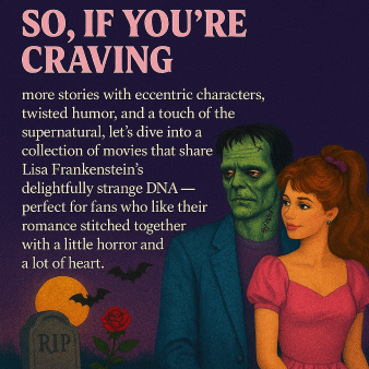 Illustrated 80s-inspired gothic collage featuring a quirky undead boyfriend in a blue suit and stitched face, standing beside a smiling heroine in a pink off-the-shoulder dress with voluminous hair and a purple bow. Behind them, a glowing orange moon, flying bats, and a tombstone with a red rose evoke a campy horror-romance vibe. The background is deep purple with retro VHS textures and pastel macabre accents.