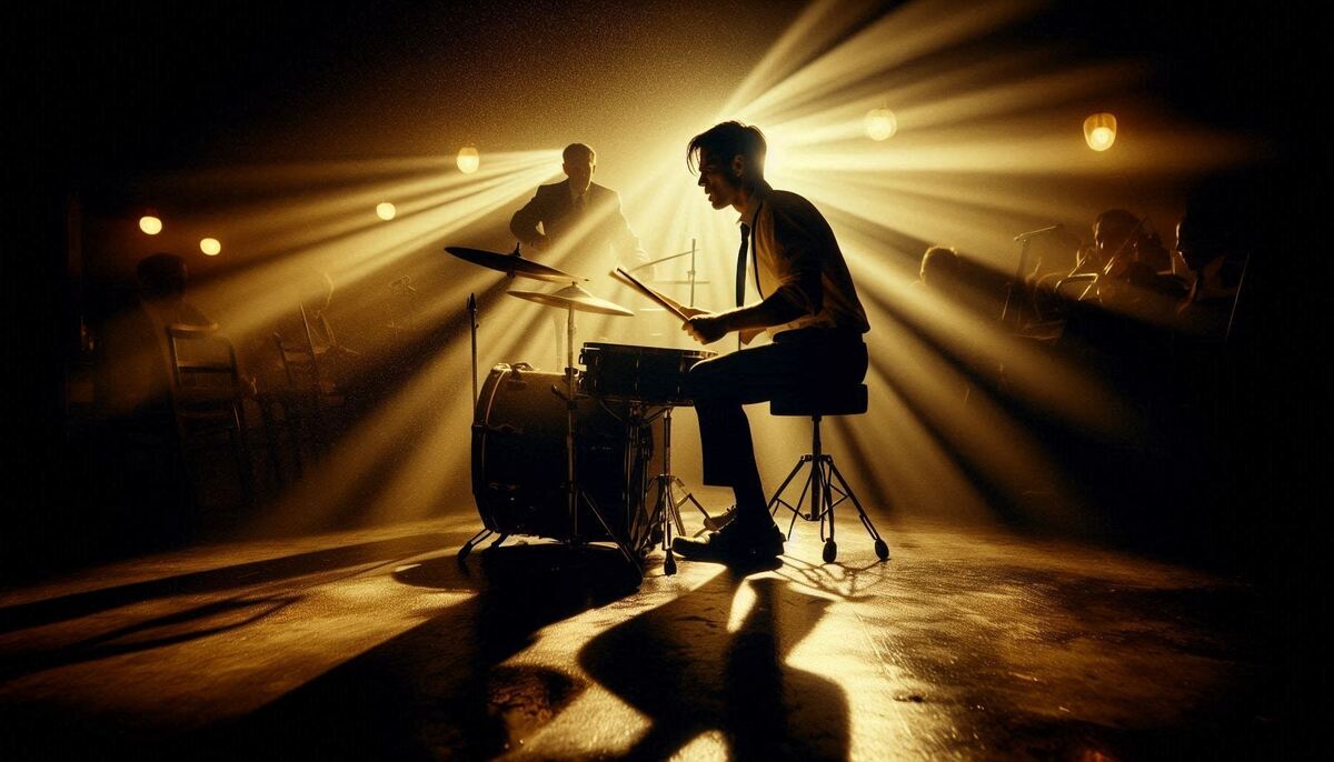 A silhouetted drummer plays under intense golden stage lights, dust and smoke glowing in the beams as a jazz ensemble surrounds him, creating a dramatic, high‑pressure performance atmosphere.