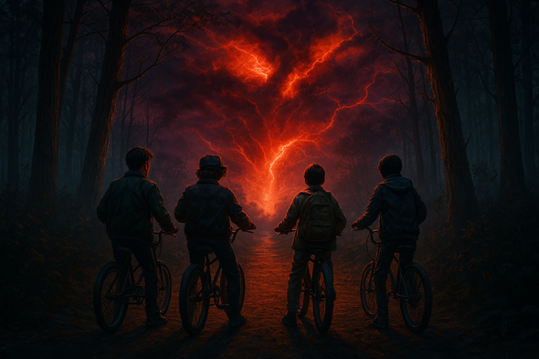 The Stranger Things cast biking through the woods at dusk, neon sky glowing behind them, capturing the show’s blend of childhood innocence and supernatural danger.