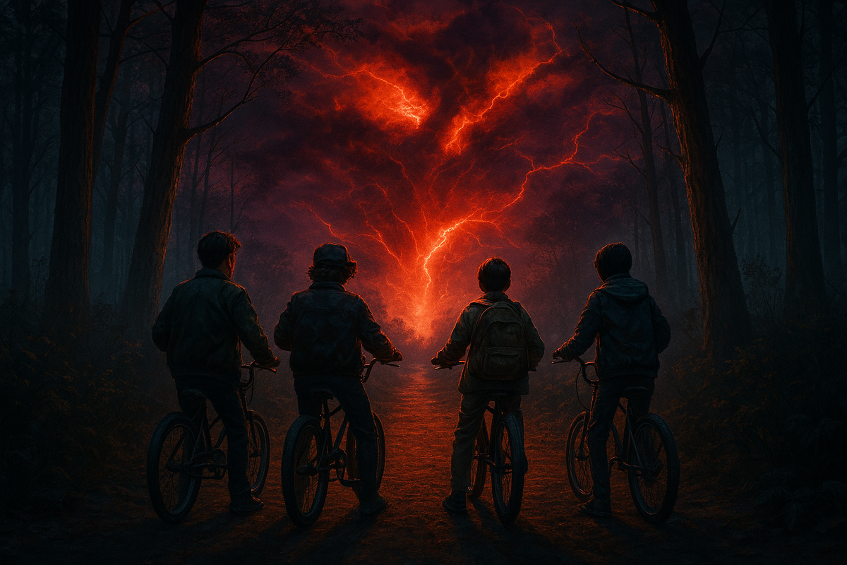 The Stranger Things cast biking through the woods at dusk, neon sky glowing behind them, capturing the show’s blend of childhood innocence and supernatural danger.