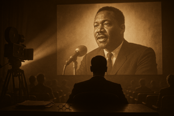“Silhouette of a viewer watching a projected image of a historical figure in a warm, sepia‑toned theater, symbolizing how true stories become cinematic