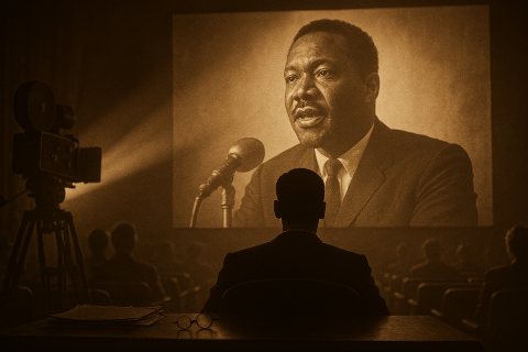 “Silhouette of a viewer watching a projected image of a historical figure in a warm, sepia‑toned theater, symbolizing how true stories become cinematic