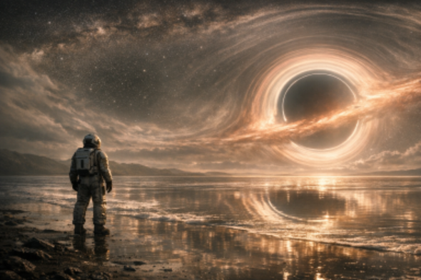Astronaut standing before a distorted alien ocean with a glowing black hole overhead.