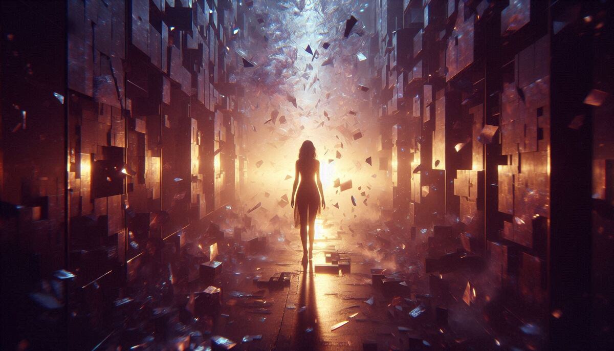 A silhouetted figure walks down a futuristic corridor filled with floating translucent shards, illuminated by a bright warm light at the end, creating a surreal and cinematic sense of transformation and entering a new emotional realm.