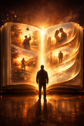 A person is facing a glowing book whose pages transform into scenes from their life, symbolizing internal storytelling.