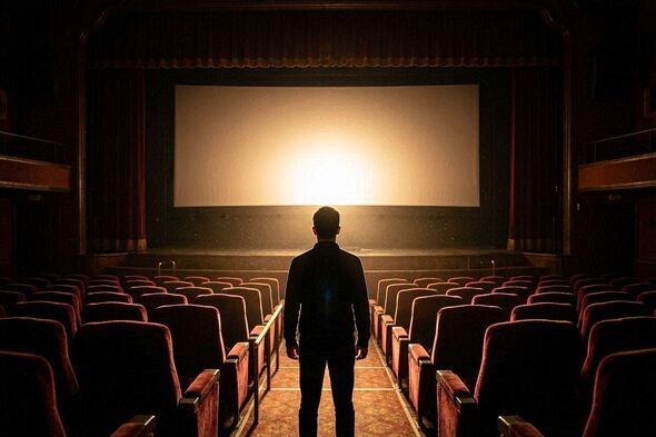Silhouette in a movie theater illuminated by golden light, symbolizing identity awakening and character development.
