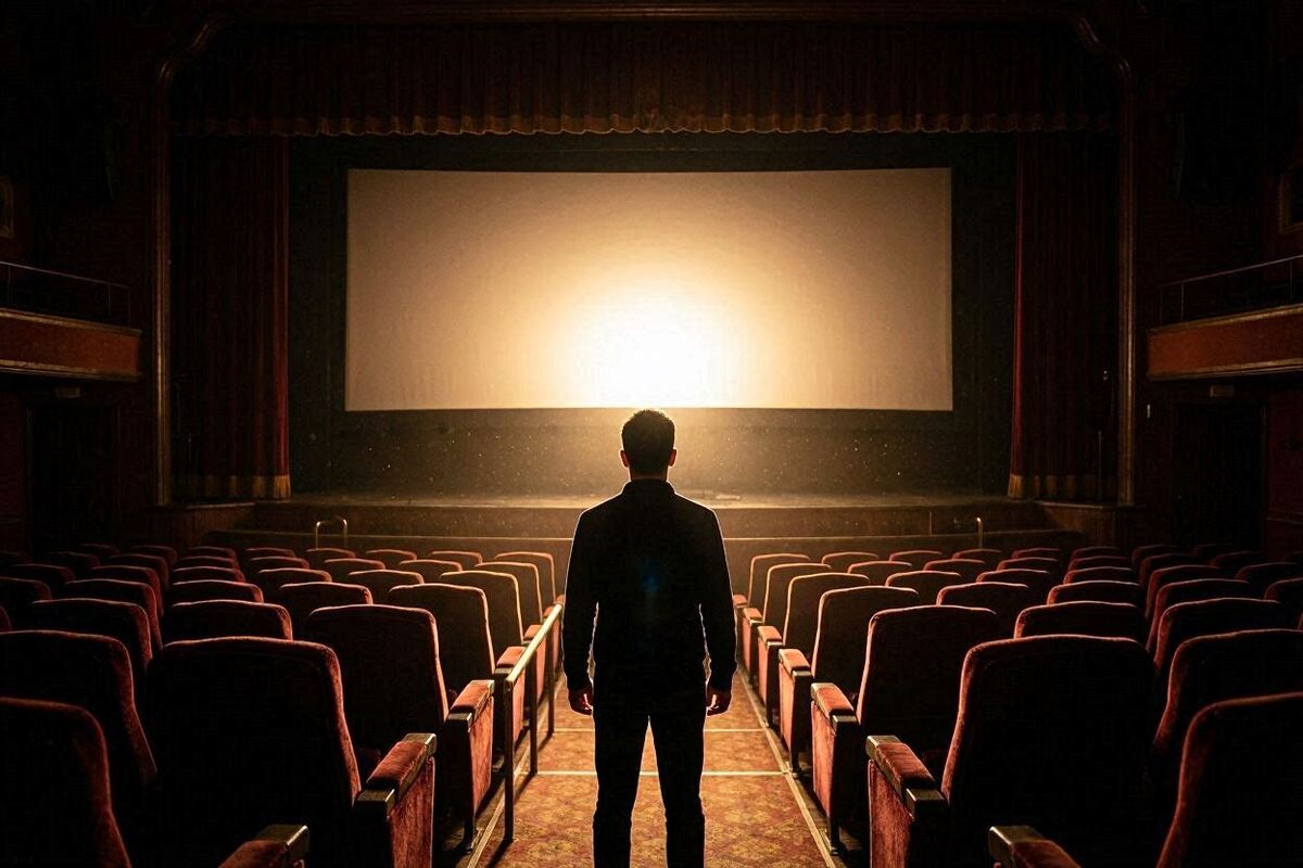 Silhouette in a movie theater illuminated by golden light, symbolizing identity awakening and character development.