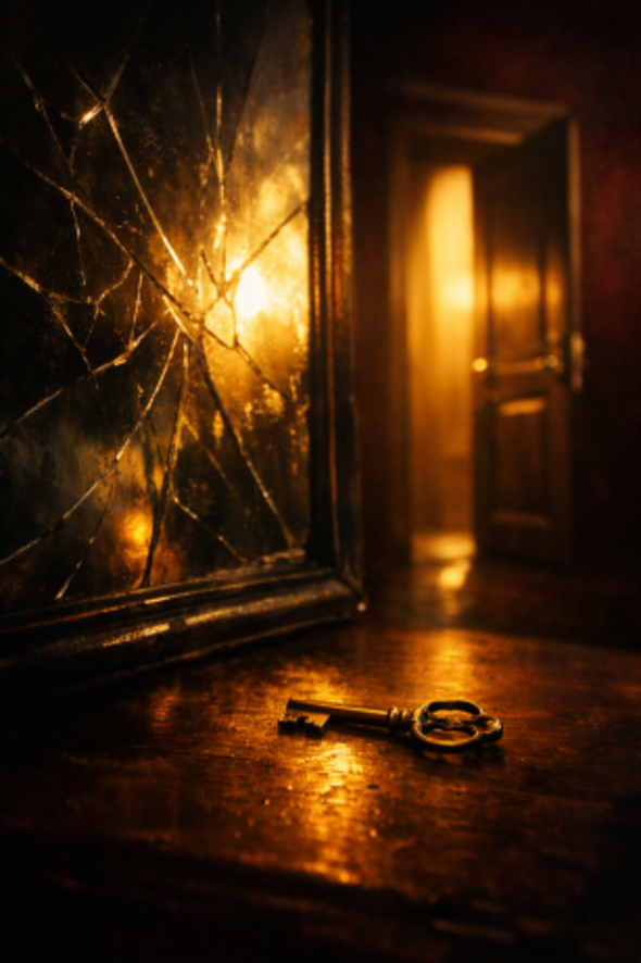 A cracked mirror reflecting golden light with a partially open door and a key symbolizing emotional transformation.