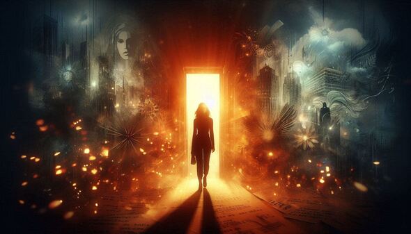 A silhouetted figure walks through a glowing doorway into a radiant, dreamlike space, surrounded by abstract cityscapes, celestial patterns, and scattered pages that evoke transformation and inner strength.
