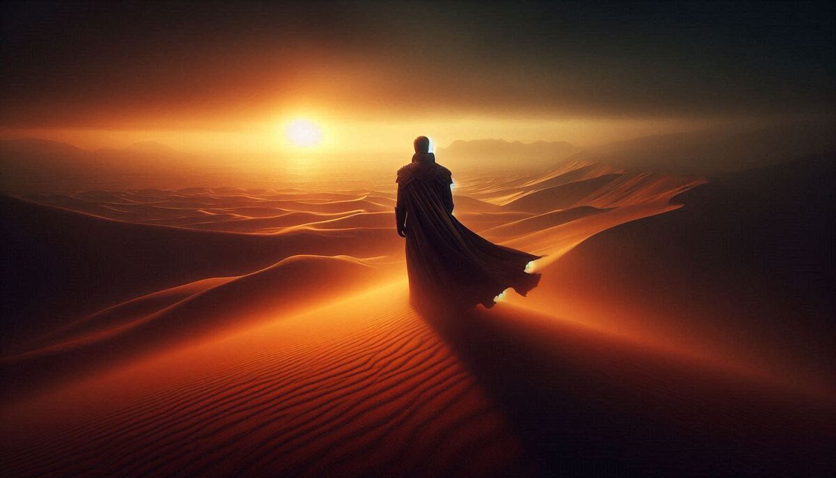 A lone Paul Atreides stands on a high dune at dusk, half in shadow and half in fading amber light, overlooking the vast desert of Arrakis as sand haze blurs the horizon.