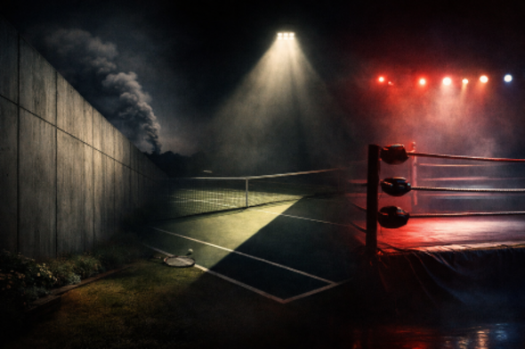 Symbolic collage of The Zone of Interest, Challengers, and The Iron Claw showing a wall, tennis court, and wrestling ring as subconscious metaphors.
