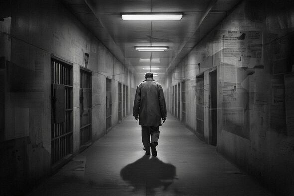 A lone figure walks through a prison corridor with shadows and historical imagery layered behind them.