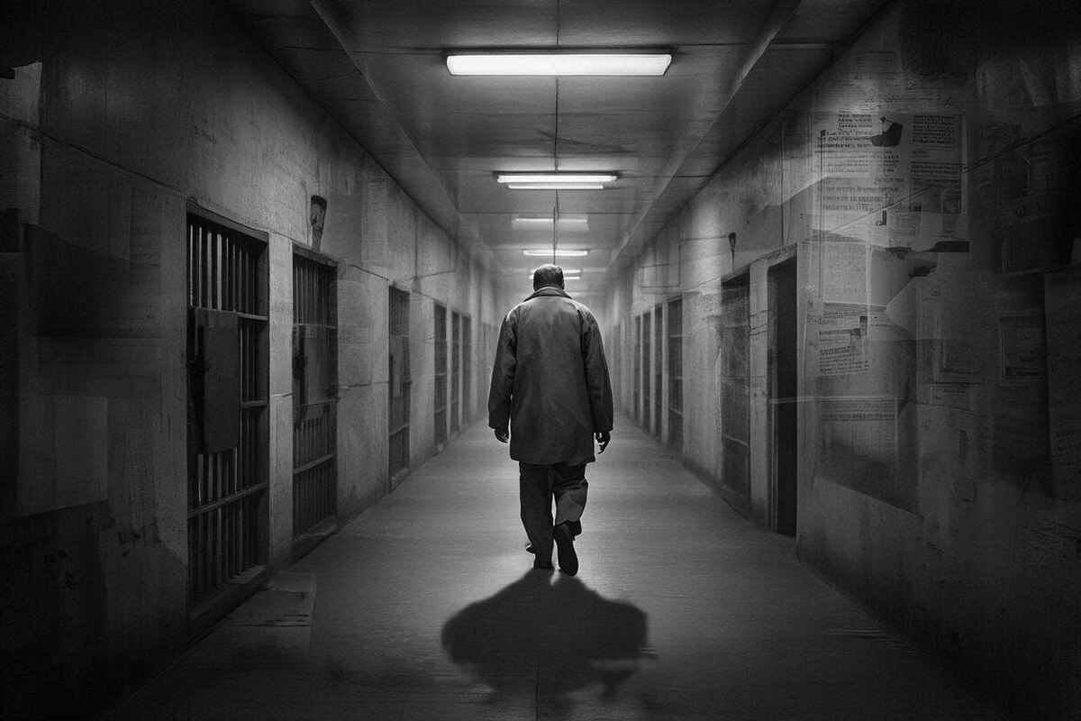 A lone figure walks through a prison corridor with shadows and historical imagery layered behind them.
