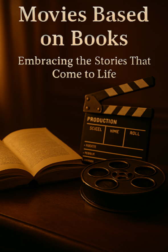 “Warm, cinematic still of an open book illuminated by golden light beside a vintage film reel, symbolizing how stories move from page to screen in movies based on books.”