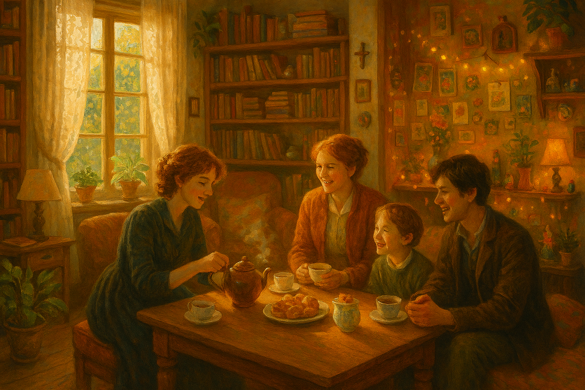 “A warmly lit living room where a family gathers around a wooden table for tea, surrounded by bookshelves, potted plants, lace curtains, and glowing string lights—evoking the nostalgic comfort and emotional intimacy of cozy cinematic storytelling.”