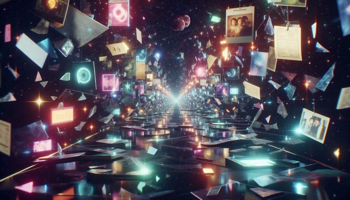 A surreal neon-lit corridor filled with floating documents, photographs, and holographic shards stretching into a bright vanishing point, symbolizing memory overload, identity fragmentation, and the emotional chaos of navigating multiple versions of a life.