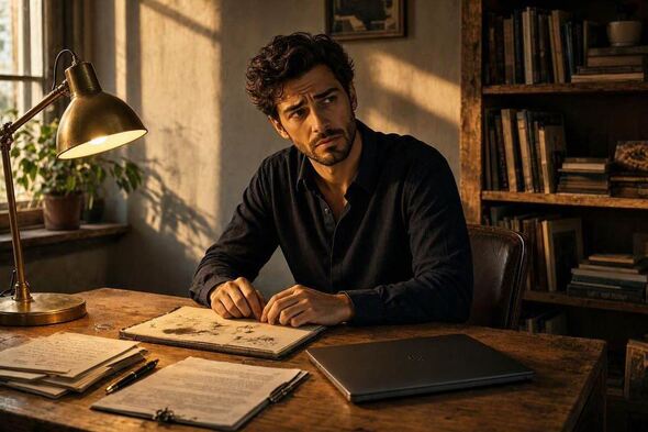 Creator sitting alone at a desk in warm cinematic lighting, looking conflicted.