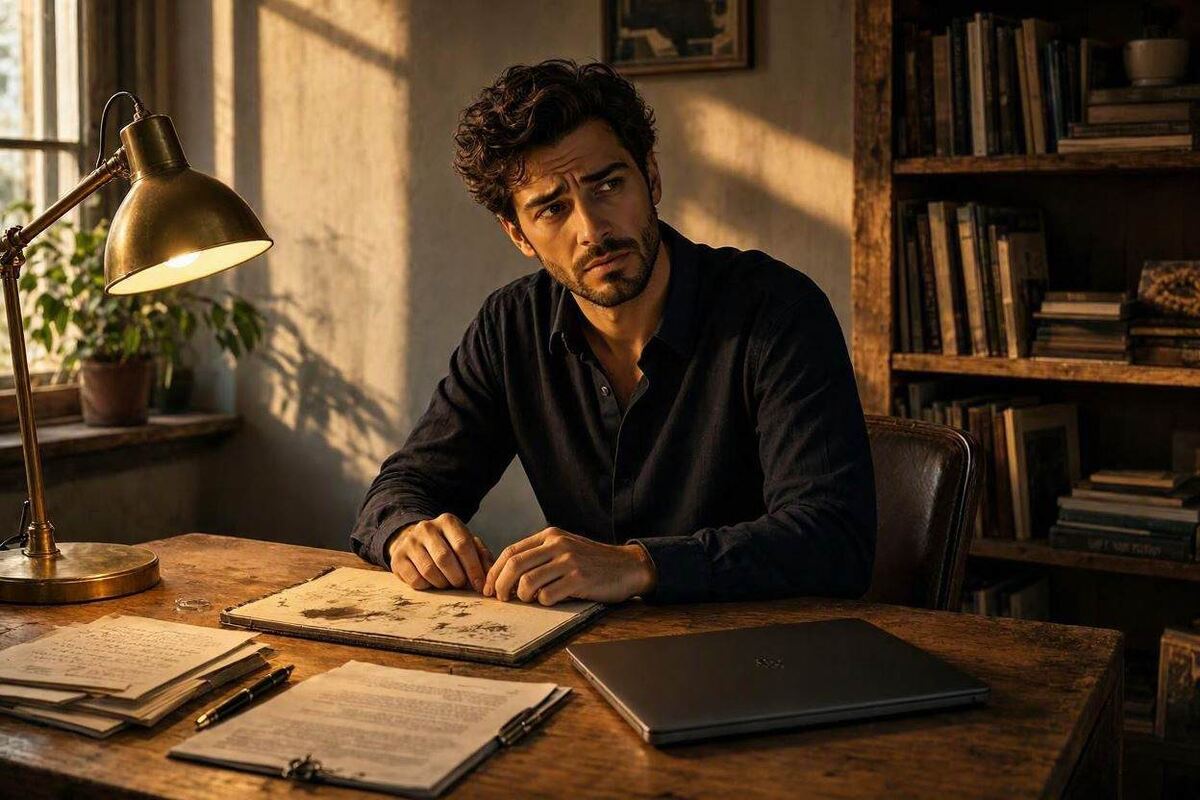 Creator sitting alone at a desk in warm cinematic lighting, looking conflicted.